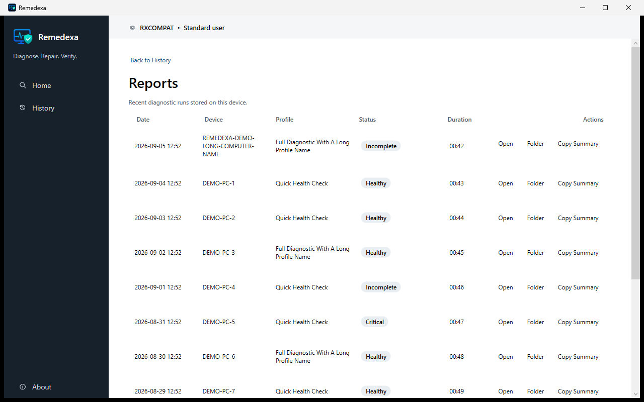 Remedexa showing several synthetic local troubleshooting History entries with outcomes, dates, and actions to view or repeat a session.