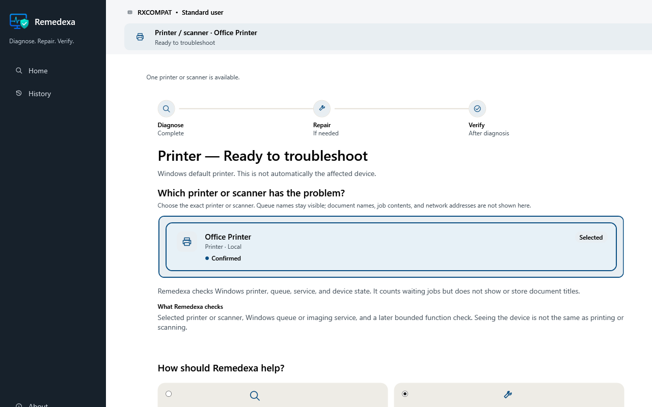Remedexa showing the synthetic Office Printer as the confirmed local printer target before troubleshooting, with queue-content privacy limits.