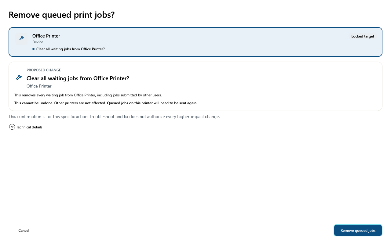 Remedexa asking for explicit approval to remove queued jobs from the synthetic Office Printer, with the target, consequence, limits, Cancel, and Remove queued jobs actions.