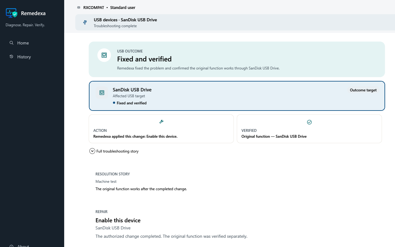 Remedexa showing a synthetic USB result marked Fixed and verified, with the completed action and separate original-function verification.